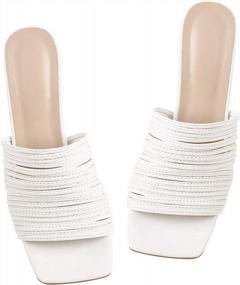 img 2 attached to White Square-Toe Strappy Sandals For Women: Slip-On Open-Toe Mules With Heels And Multiple Straps