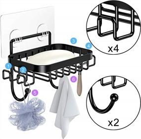 img 2 attached to Stainless Steel Soap Dish Holder For Bathroom Shower And Kitchen With 6 Hooks, Loofah And Razor Holder - Black, Adhesive Wall-Mounted With No Drilling Required By ODesign