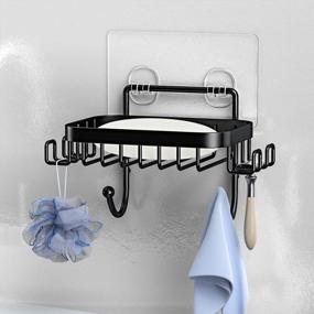 img 3 attached to Stainless Steel Soap Dish Holder For Bathroom Shower And Kitchen With 6 Hooks, Loofah And Razor Holder - Black, Adhesive Wall-Mounted With No Drilling Required By ODesign