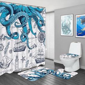 img 4 attached to Blue Octopus Nautical Bathroom Set - Includes Shower Curtain, Non-Slip Rug, Toilet Lid Cover, Bath Mat, And Hooks - Beach Ocean Kraken Pirate Design For Complete Bathroom Decor