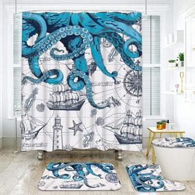 img 1 attached to Blue Octopus Nautical Bathroom Set - Includes Shower Curtain, Non-Slip Rug, Toilet Lid Cover, Bath Mat, And Hooks - Beach Ocean Kraken Pirate Design For Complete Bathroom Decor