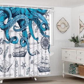 img 3 attached to Blue Octopus Nautical Bathroom Set - Includes Shower Curtain, Non-Slip Rug, Toilet Lid Cover, Bath Mat, And Hooks - Beach Ocean Kraken Pirate Design For Complete Bathroom Decor