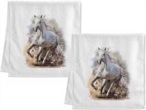 img 3 attached to Watercolor White Horse Soft Cotton Face & Hand Towels Set Of 2 - Ideal For Gym, Guest & Bathroom Decor - 16X30 Inches