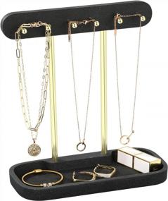 img 4 attached to Emibele Jewelry Stand Necklace Holder Organizer With Resin Ring Tray, 6 Gold Metal Hooks For Hanging Bracelets Watches Earrings Storage Rack Display Tower Heather Grey