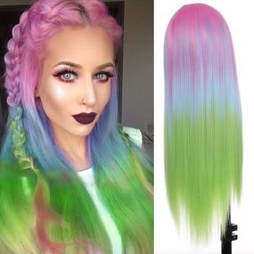 img 4 attached to FUHSI Lace Front Wig Rainbow Colorful Long Straight Wigs For Women 13×4" Inch Lace Frontal Pink Green Wig Daily Party Cosplay Purple Blue Hair