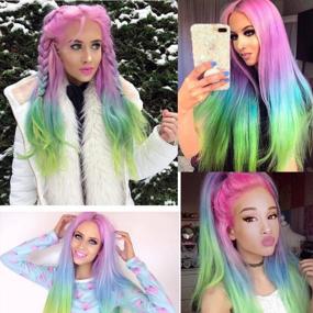img 3 attached to FUHSI Lace Front Wig Rainbow Colorful Long Straight Wigs For Women 13×4" Inch Lace Frontal Pink Green Wig Daily Party Cosplay Purple Blue Hair