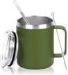double-walled stainless steel coffee mug with insulated handle and lid - 12oz capacity for hot and cold drinks - army green thermal travel mug logo