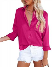 img 3 attached to Women'S Satin V Neck Button Down Blouse Tops With Pocket - Long Sleeve Casual Work Shirt