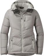 outdoor research womens transcendent hoodie women's clothing ~ coats, jackets & vests logo