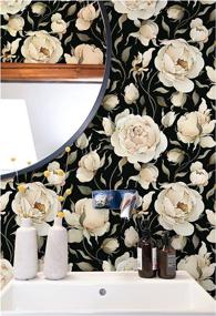 img 4 attached to 17.7In X 9.8Ft HAOKHOME Peel & Stick Wallpaper - Floral Vintage Roses Peonies Contact Paper Removable Black/Beige/Olive Self Adhesive Mural (93242-1)