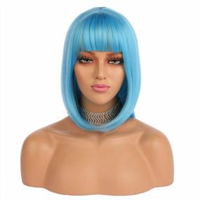 img 3 attached to ENilecor Short Bob Hair Wigs 12" Straight With Flat Bangs Synthetic Colorful Cosplay Daily Party Wig For Women Natural As Real Hair+ Free Wig Cap (Blue)