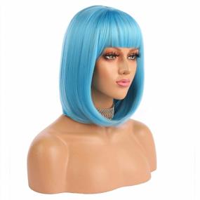 img 4 attached to ENilecor Short Bob Hair Wigs 12" Straight With Flat Bangs Synthetic Colorful Cosplay Daily Party Wig For Women Natural As Real Hair+ Free Wig Cap (Blue)