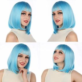 img 1 attached to ENilecor Short Bob Hair Wigs 12" Straight With Flat Bangs Synthetic Colorful Cosplay Daily Party Wig For Women Natural As Real Hair+ Free Wig Cap (Blue)
