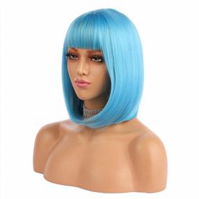 img 2 attached to ENilecor Short Bob Hair Wigs 12" Straight With Flat Bangs Synthetic Colorful Cosplay Daily Party Wig For Women Natural As Real Hair+ Free Wig Cap (Blue)