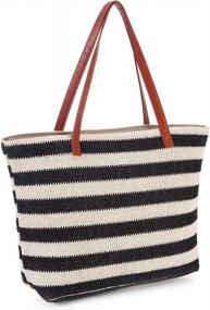 img 4 attached to Stylish Stripe And Stitchwork Straw Tote Beach Bag With Zipper, Ideal For Beach Vacations, Travel, Shopping And Picnics