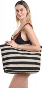 img 2 attached to Stylish Stripe And Stitchwork Straw Tote Beach Bag With Zipper, Ideal For Beach Vacations, Travel, Shopping And Picnics