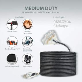 img 3 attached to TerraBloom 50 FT 16/3 Outdoor Extension Cord - SJEOW Rubber, Flexible, Triple Outlet, Black Wire With Live Power Light Indicator. 13 Amp