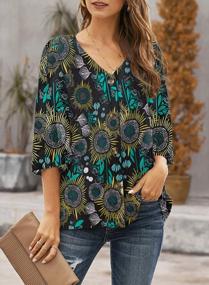 img 2 attached to Women'S Chiffon V Neck Floral Blouse - 3/4 Bell Sleeve, Loose Fit & Boho Button Down