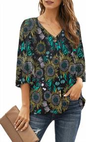 img 4 attached to Women'S Chiffon V Neck Floral Blouse - 3/4 Bell Sleeve, Loose Fit & Boho Button Down