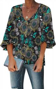 img 1 attached to Women'S Chiffon V Neck Floral Blouse - 3/4 Bell Sleeve, Loose Fit & Boho Button Down