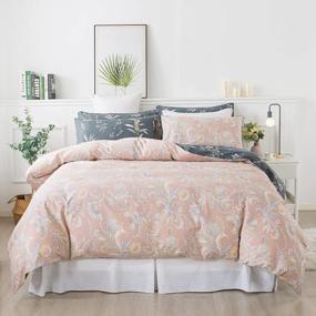 img 2 attached to Vintage Floral Cotton Duvet Cover Set - Queen Size 3 Piece Reversible Grey With Orange Paisley Print, Soft And Breathable, With Corner Ties And Zipper Closure - Perfect For Unisex Bedding