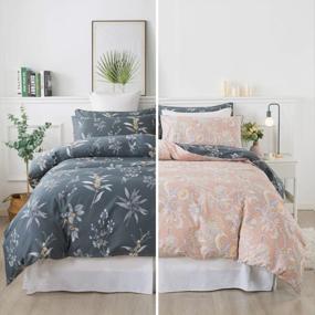 img 4 attached to Vintage Floral Cotton Duvet Cover Set - Queen Size 3 Piece Reversible Grey With Orange Paisley Print, Soft And Breathable, With Corner Ties And Zipper Closure - Perfect For Unisex Bedding