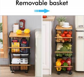 img 1 attached to Matte Black 3-Tier Wire Basket Stand With Wooden Top - Ideal For Storing Fruits And Vegetables In Pantry, Kitchen, Or Bedroom, Stackable And Rolling Cart, KSB520S3-BK
