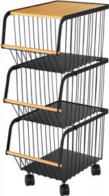 img 3 attached to Matte Black 3-Tier Wire Basket Stand With Wooden Top - Ideal For Storing Fruits And Vegetables In Pantry, Kitchen, Or Bedroom, Stackable And Rolling Cart, KSB520S3-BK
