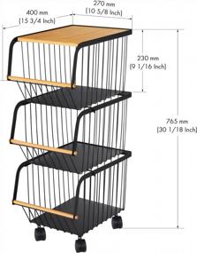 img 2 attached to Matte Black 3-Tier Wire Basket Stand With Wooden Top - Ideal For Storing Fruits And Vegetables In Pantry, Kitchen, Or Bedroom, Stackable And Rolling Cart, KSB520S3-BK