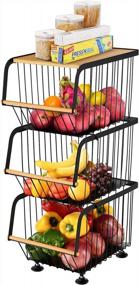 img 4 attached to Matte Black 3-Tier Wire Basket Stand With Wooden Top - Ideal For Storing Fruits And Vegetables In Pantry, Kitchen, Or Bedroom, Stackable And Rolling Cart, KSB520S3-BK