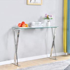 img 4 attached to Modern Console Table With Tempered Glass Top, X-Shaped Stainless Steel Leg Entryway Sofa Table For Living Room Hallway 47.2"W X 15.7"D X 30.7"H