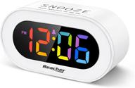 compact led digital alarm clock with snooze, adjustable brightness and alarm volume, outlet powered for bedrooms, bedside, desk, and shelf - reacher small colorful clock logo