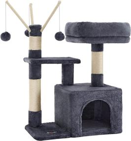 img 4 attached to 🐱 FEANDREA Smoky Gray Cat Tree with Padded Perch, Cat Cave, 3 Pompoms, Cat Activity Center - Small Cat Tower for Optimal Feline Entertainment - UPCT121G01