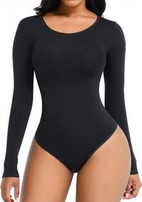 img 4 attached to Seamless Long Sleeve Thong Bodysuit For Women - Tummy Control Shapewear 2023 Winter Fashion Top By FeelinGirl