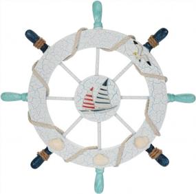 img 4 attached to Nautical Beach Home Decor: Rienar Wooden Boat Ship Steering Wheel Fishing Net Shell Wall Art Sail