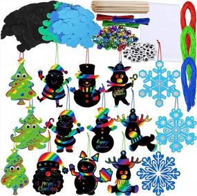 img 4 attached to Ultimate Christmas Craft Pack: 75 волшебных радужных скретч-украшений с фигурками Деда Мороза, снеговика, северного оленя и снежинки — включает в себя инструменты для царапанья для детей Праздничные творческие занятия