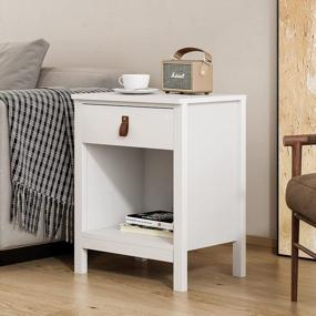 img 1 attached to Modern Bedside Table With Drawer And Open Shelf, PU Handle Nightstand Side End Table For Living Room & Bedroom