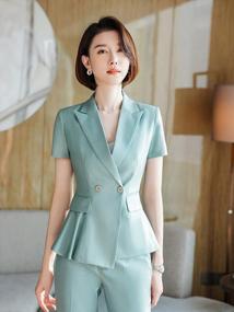 img 3 attached to Short Sleeved V-Neck Women'S Office Suit Set - Blazer Jacket And Pants By LISUEYNE