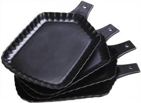 img 4 attached to 13-Inch Matte Black Porcelain Serving Platter And Tray Set Of 4 - Fluted Rectangular Plate With Single Handle For Party, Wedding, Desserts, Fruit.