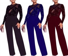 img 3 attached to Sparkling Sprifloral Women'S Wide Leg Jumpsuit - Sequin Mesh, Long Sleeve, High Waist, 1-Piece Outfit