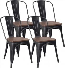 img 4 attached to JUMMICO Metal Dining Chair Stackable Industrial Vintage Kitchen Chairs Indoor-Outdoor Bistro Cafe Side Chairs With Back And Wooden Seat Set Of 4 (Black)