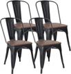 jummico metal dining chair stackable industrial vintage kitchen chairs indoor-outdoor bistro cafe side chairs with back and wooden seat set of 4 (black) logo