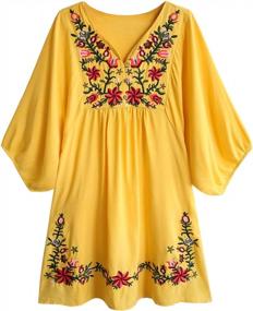 img 4 attached to Women'S Vintage Floral Embroidery Mexican Style Tunic Dresses Shirt Bohemian Flowy Shift Mini Dress Blouse