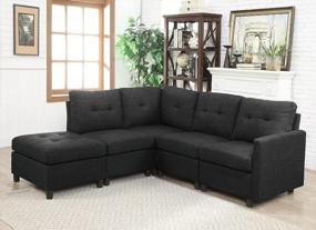 img 4 attached to Dark Grey Modular 4-Seat Sectional Sofa Set With Ottoman And Upholstered Linen Fabric Couch For Small Spaces