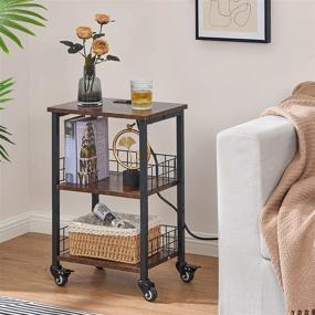 img 2 attached to Rustic Brown Industrial Nightstand: BEWISHOME Rolling End Table With Wheels, Small Side Table Featuring A Charging Station With USB And Type C Ports, Ideal For Living Room Or Bedroom - KTC01Z