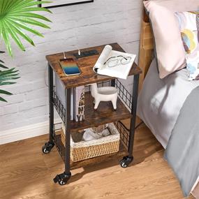 img 1 attached to Rustic Brown Industrial Nightstand: BEWISHOME Rolling End Table With Wheels, Small Side Table Featuring A Charging Station With USB And Type C Ports, Ideal For Living Room Or Bedroom - KTC01Z