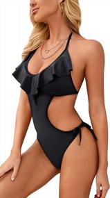 img 4 attached to Womens' Halter Ruffle Cutout Monokini Swimsuit With Sexy Lace-Up Detailing - Perfect Bathing Suit For Beach And Pool