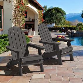 img 3 attached to Folding Adirondack Chair - SERWALL Wood-Like All Weather Outdoor Patio Chairs, Black Foldable