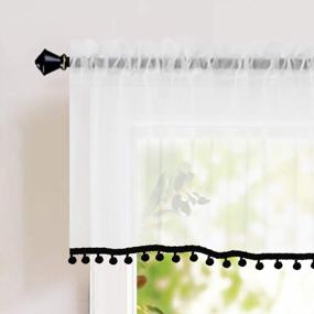 img 4 attached to Naturoom Sheer Valence For Windows - Pom Pom Short Window Valance Tasseled Semi-Sheer Curtains - Home Decorative Blinds Light Filter Curtains For Living Room, Set Of 2 Panels（54 X 18 Inch, Black）
