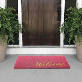 img 3 attached to Indoor/Outdoor Decorative Welcome Mat With Coir And Rubber Non-Slip Base - Natural Fiber Script Design In Dark Pink, Natural, And Beige